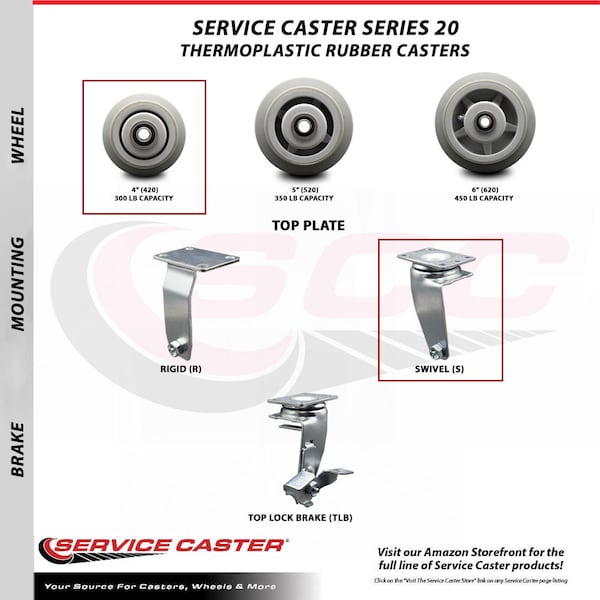 4 Inch Thermoplastic Rubber Caster Set with Ball Bearings 2 Swivel 2 Rigid